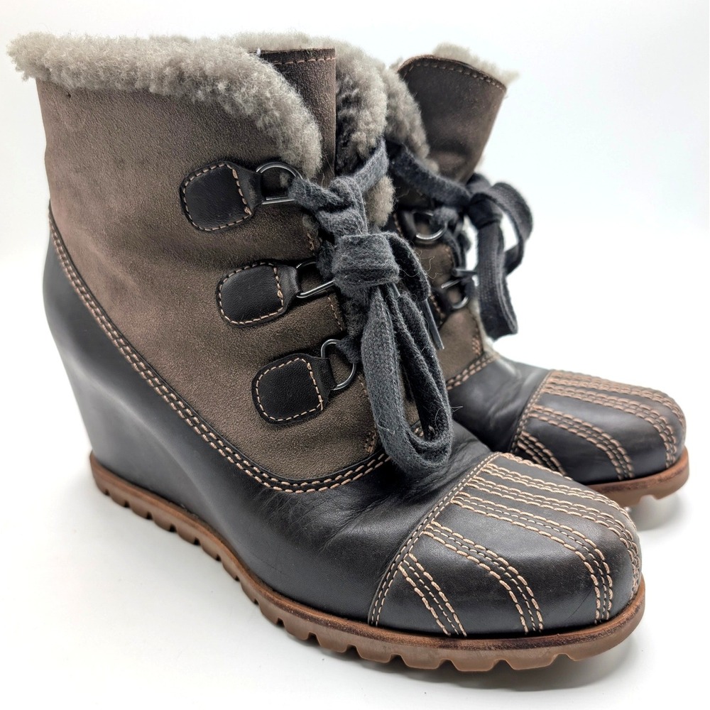 UGG Alasdair Hidden Wedge Boots 8.5 Lace Up Brown Leather Suede Shearling
